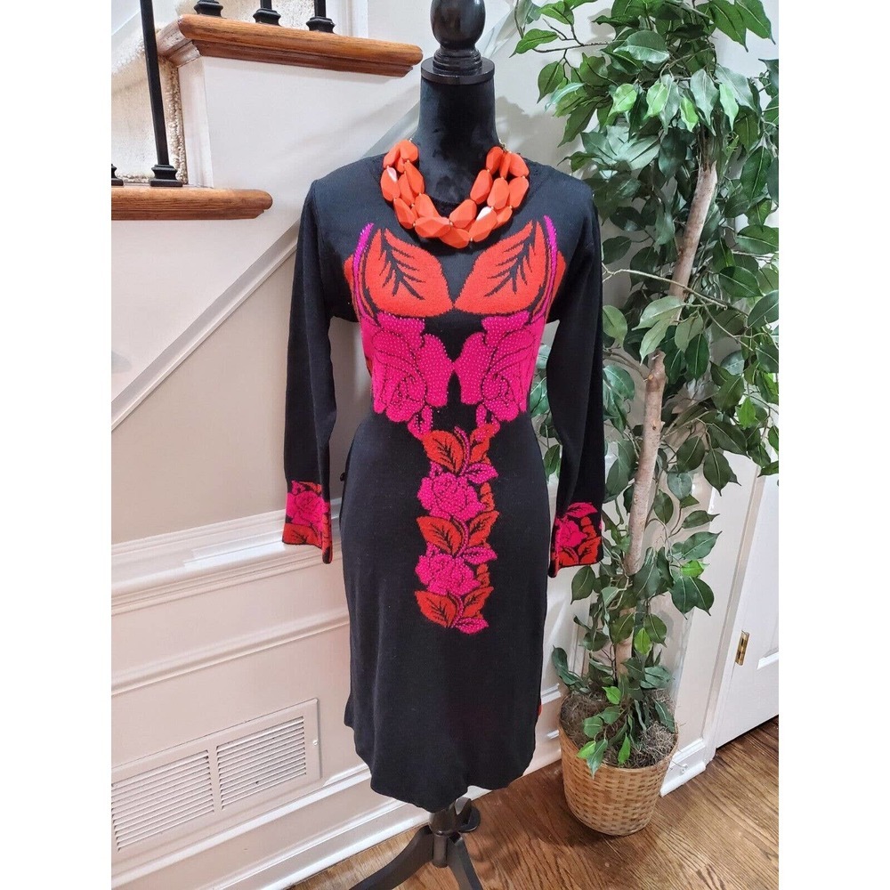 Vintage Preston Black Floral Round Neck Long Sleeve Casual Knee Length Dress 12